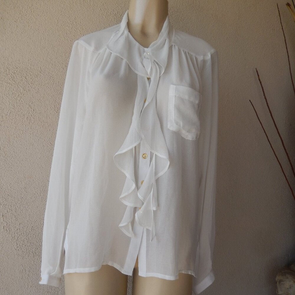 Democracy the freedom jeaneration sheer white blouse shirt long sleeves ruffled